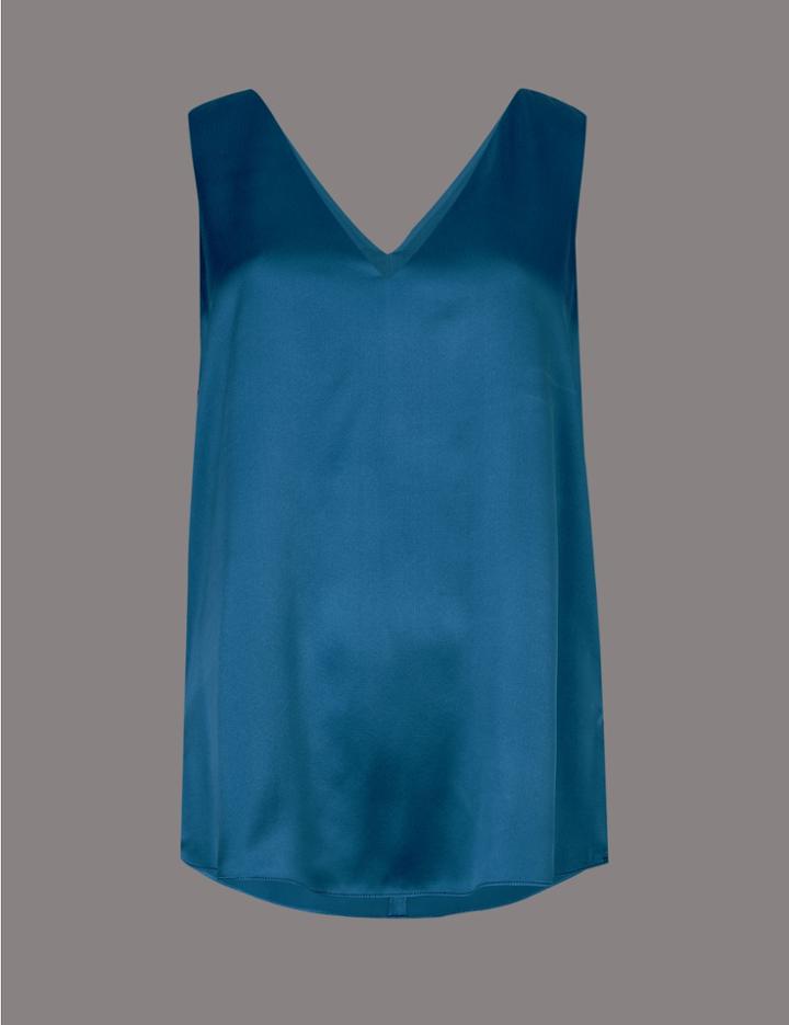 Marks & Spencer Pure Silk V-neck Sleeveless Blouse Marine