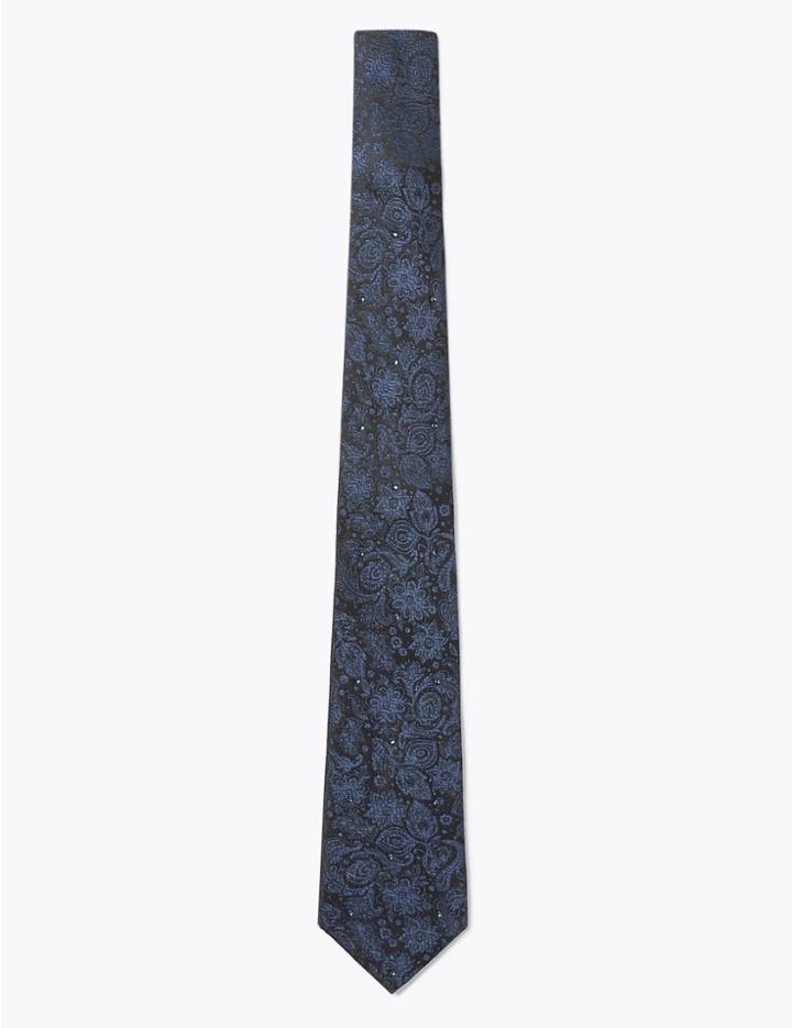 Marks & Spencer Silk Slim Paisley Swarovski Crystals Tie Navy Mix