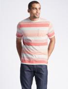 Marks & Spencer Pure Cotton Striped Crew Neck T-shirt Coral Mix