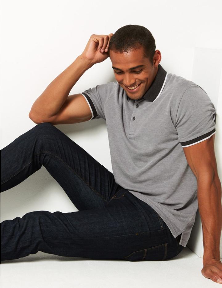 Marks & Spencer Modal Rich Striped Polo Shirt Navy