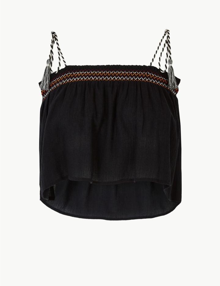 Marks & Spencer Shirred Tassel Square Neck Beach Top Black Mix