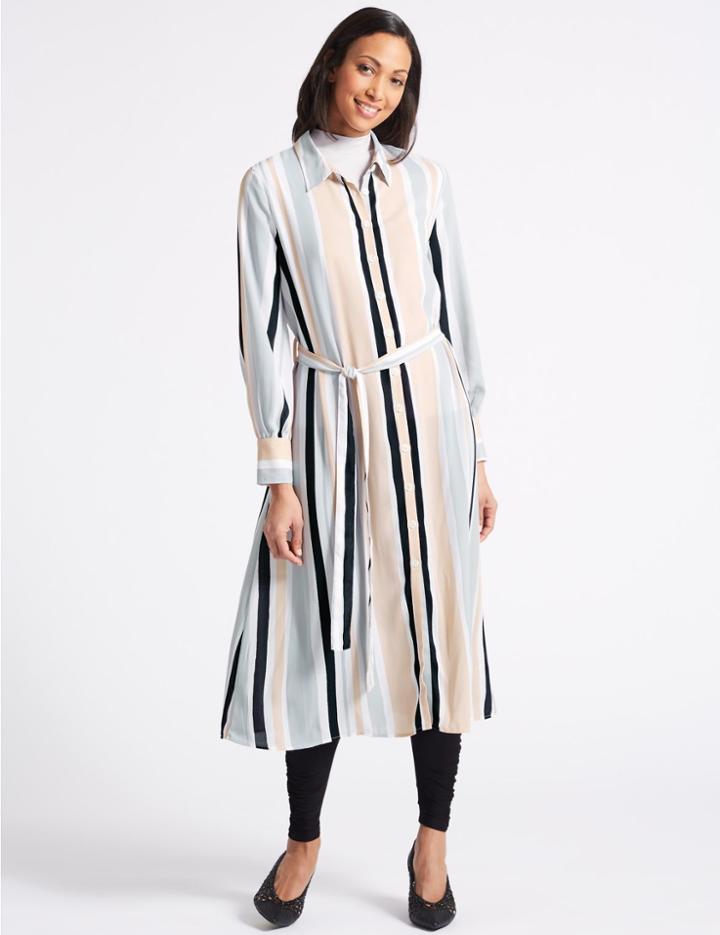 Marks & Spencer Striped Longline Shirt Midi Dress Pink Mix