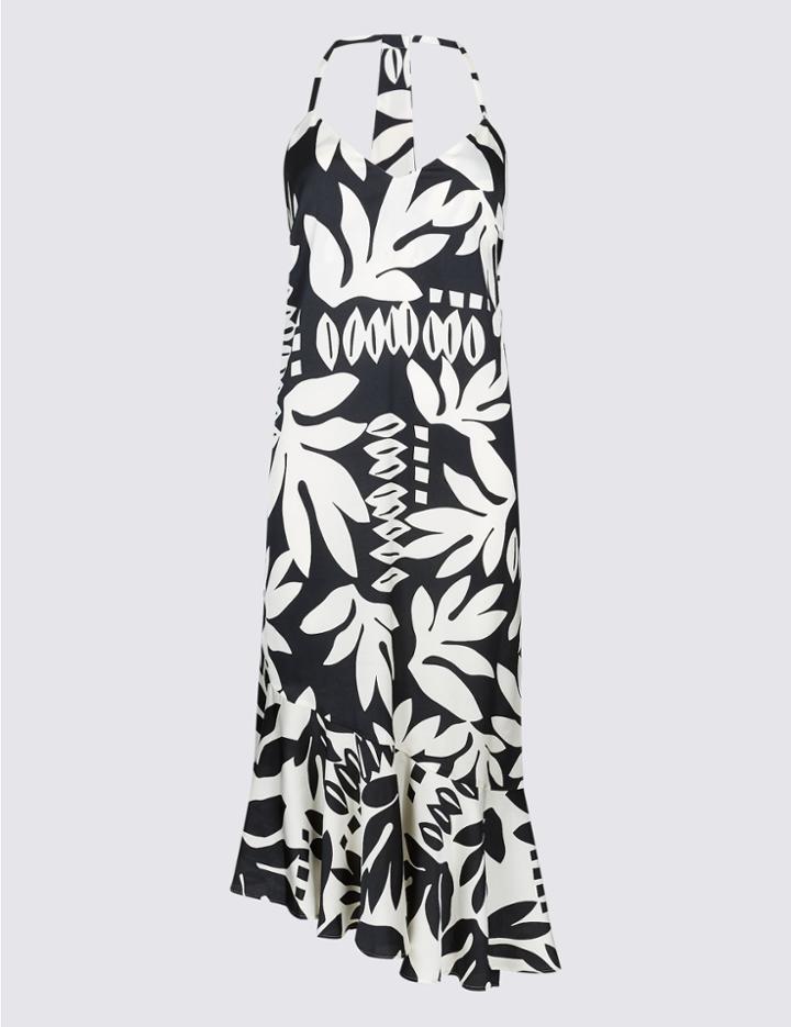 Marks & Spencer Printed Asymmetric Slip Midi Dress Black Mix