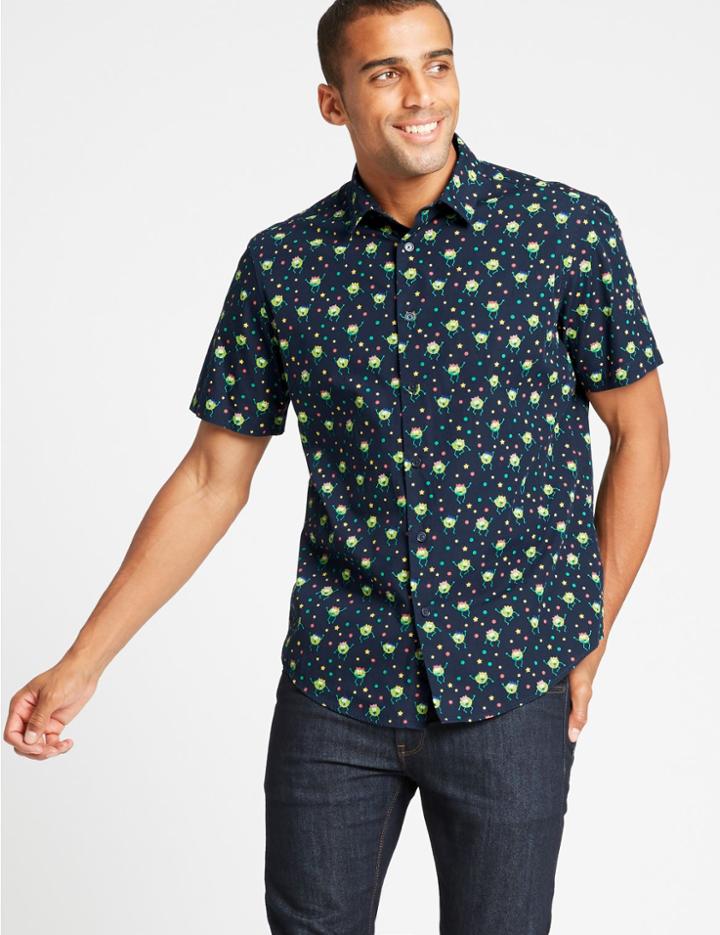 Marks & Spencer Pure Cotton Brussel Sprouts Christmas Shirt Navy Mix