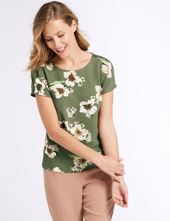 Marks & Spencer Modal Rich Floral Print Short Sleeve Top Ivory Mix