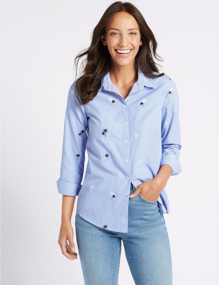 Marks & Spencer Palm Embroidered Stripe Long Sleeve Shirt Blue Mix