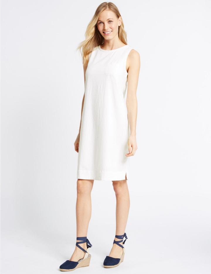 Marks & Spencer Linen Blend Scallop Neck Tunic Dress Ivory