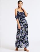 Marks & Spencer Floral Print Block Frill Beach Dress Navy Mix