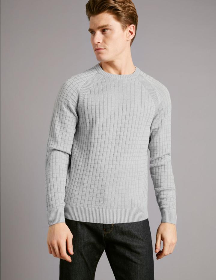 Marks & Spencer Cotton Blend Checked Slim Fit Jumper Grey