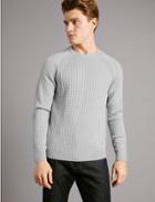 Marks & Spencer Cotton Blend Checked Slim Fit Jumper Grey