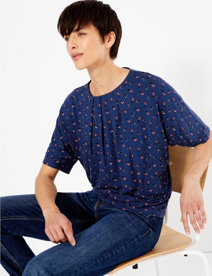 Marks & Spencer Floral Print Tuck Neck Short Sleeve Top Blue Mix