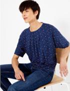 Marks & Spencer Floral Print Tuck Neck Short Sleeve Top Blue Mix