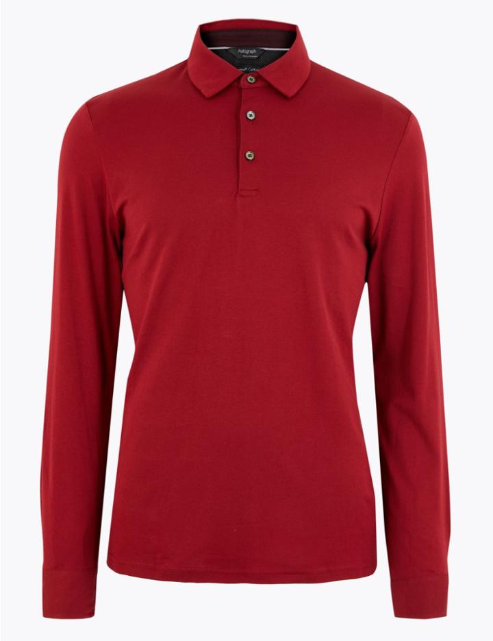 Marks & Spencer Supima Cotton Long Sleeve Polo Shirt Dark Red