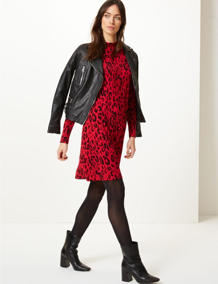 Marks & Spencer Jersey Animal Print Swing Mini Dress Red Mix