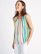 Marks & Spencer Striped & Pleated Round Neck Vest Top Multi