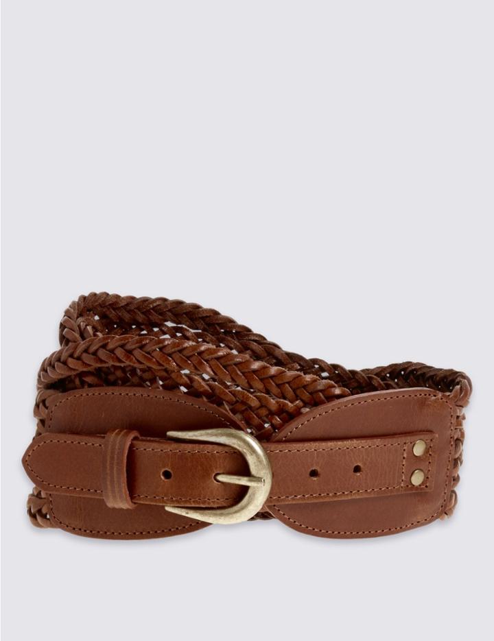 Marks & Spencer Leather Weave Waist Belt Dark Tan