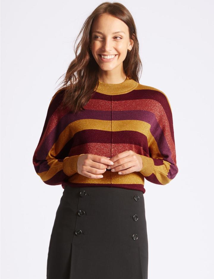 Marks & Spencer Striped Funnel Neck Jumper Purple Mix