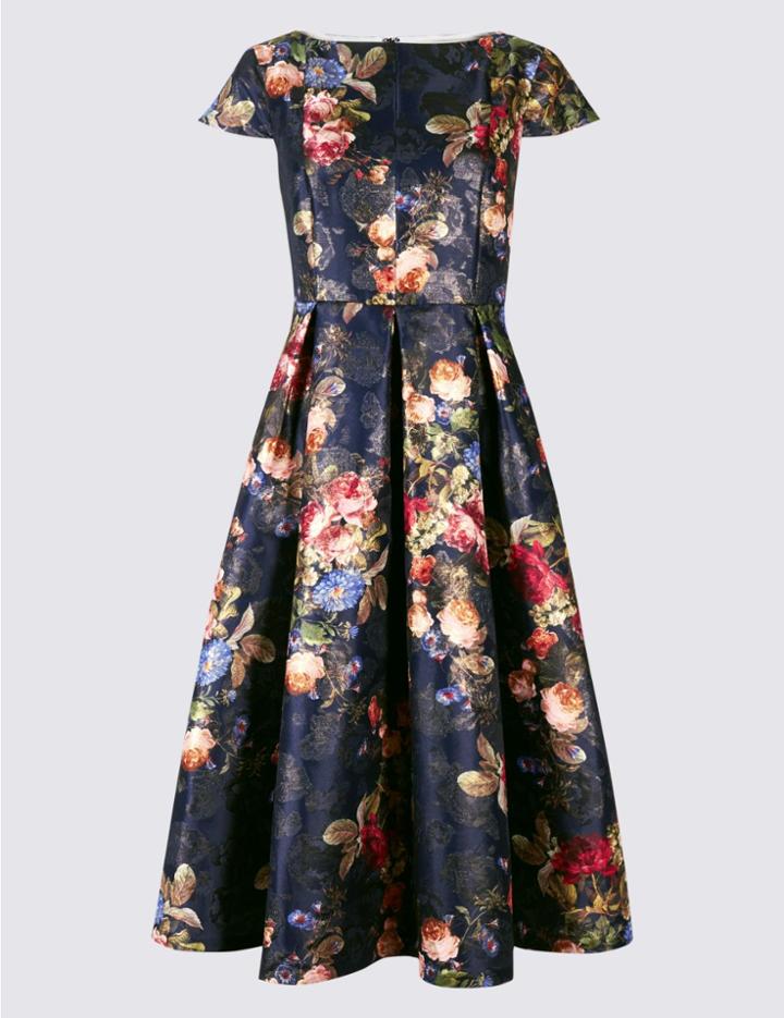 Marks & Spencer Rose Jacquard Print Skater Midi Dress Navy Mix