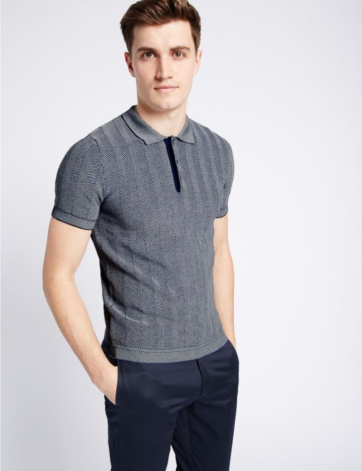 Marks & Spencer Pure Cotton Textured Slim Fit Polo Shirt Blue Denim
