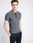 Marks & Spencer Pure Cotton Textured Slim Fit Polo Shirt Blue Denim