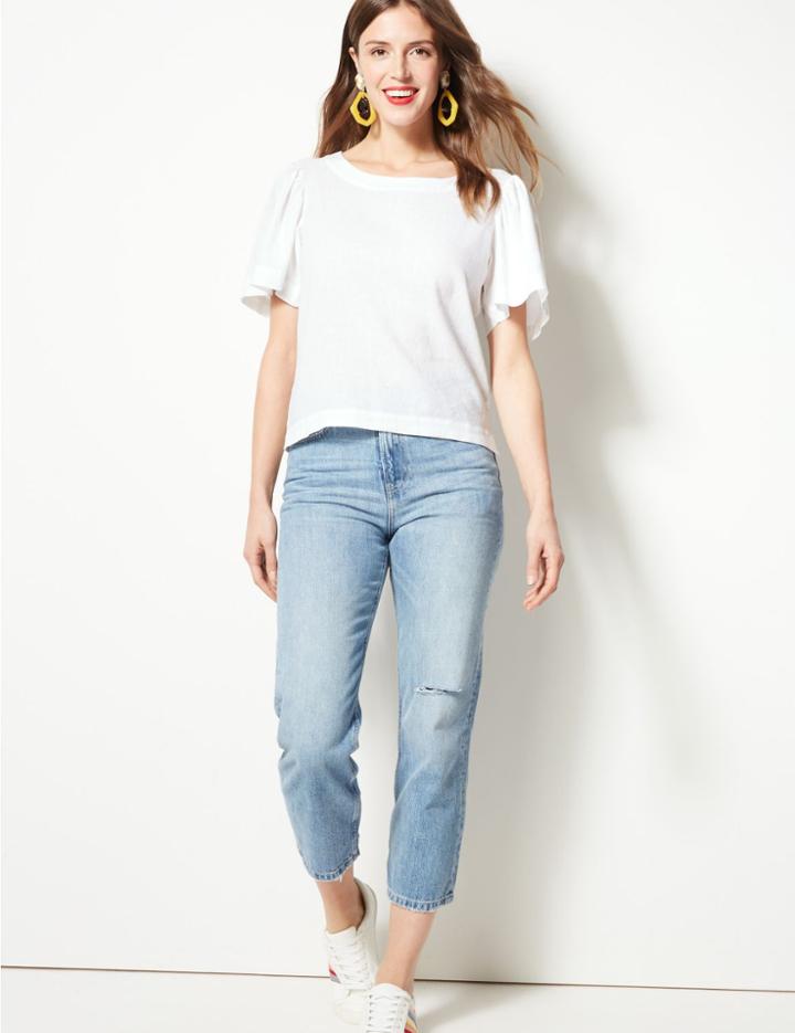 Marks & Spencer Linen Rich Round Neck Short Sleeve Blouse Eco White