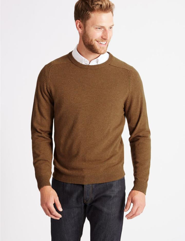 Marks & Spencer Pure Extra Fine Lambswool Crew Neck Jumper Dark Gold