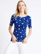 Marks & Spencer Pure Cotton Leaf Print Half Sleeve T-shirt Blue Mix
