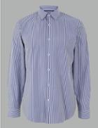Marks & Spencer Cotton Rich Striped Shirt With Stretch Navy Mix