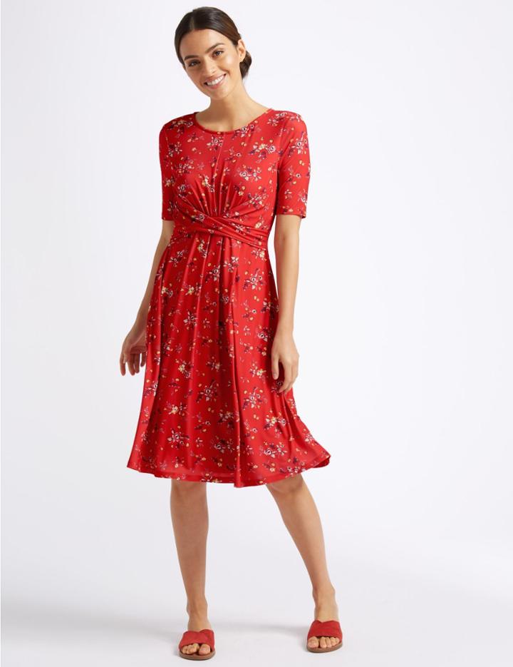 Marks & Spencer Floral Print Twist Detail Swing Dress Red Mix