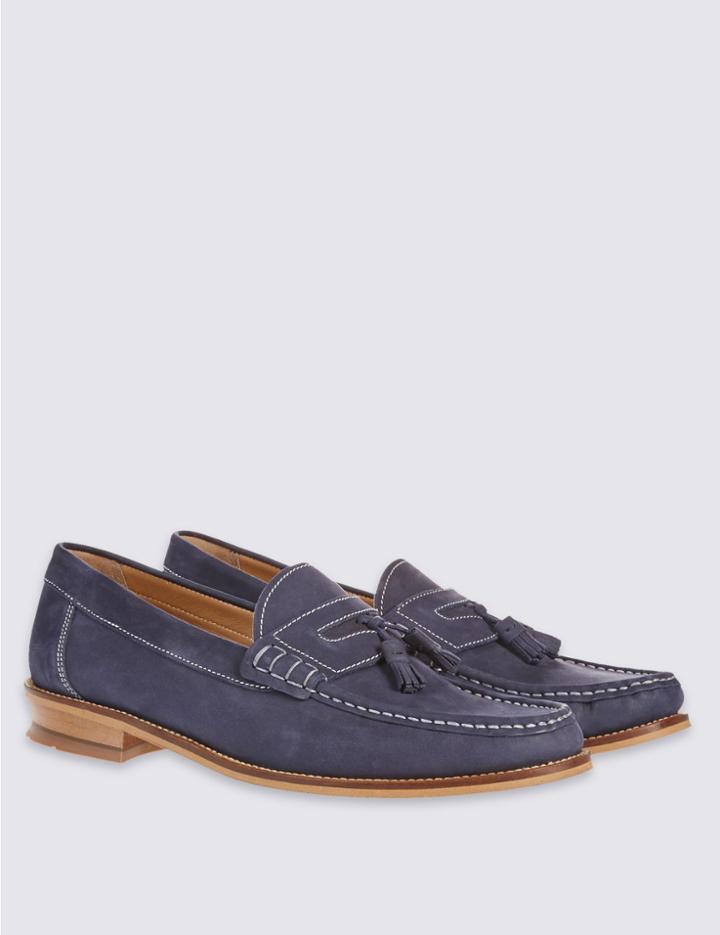 Marks & Spencer Leather Nubuck Tassel Slip-on Loafers Navy