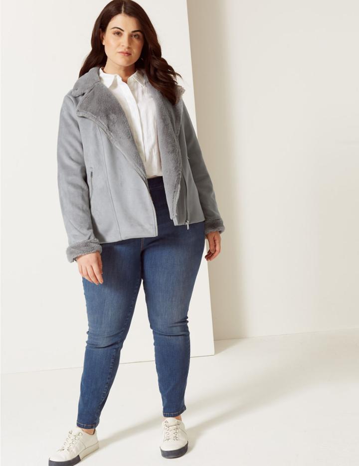 Marks & Spencer Curve Faux Fur Biker Jacket Silver Grey