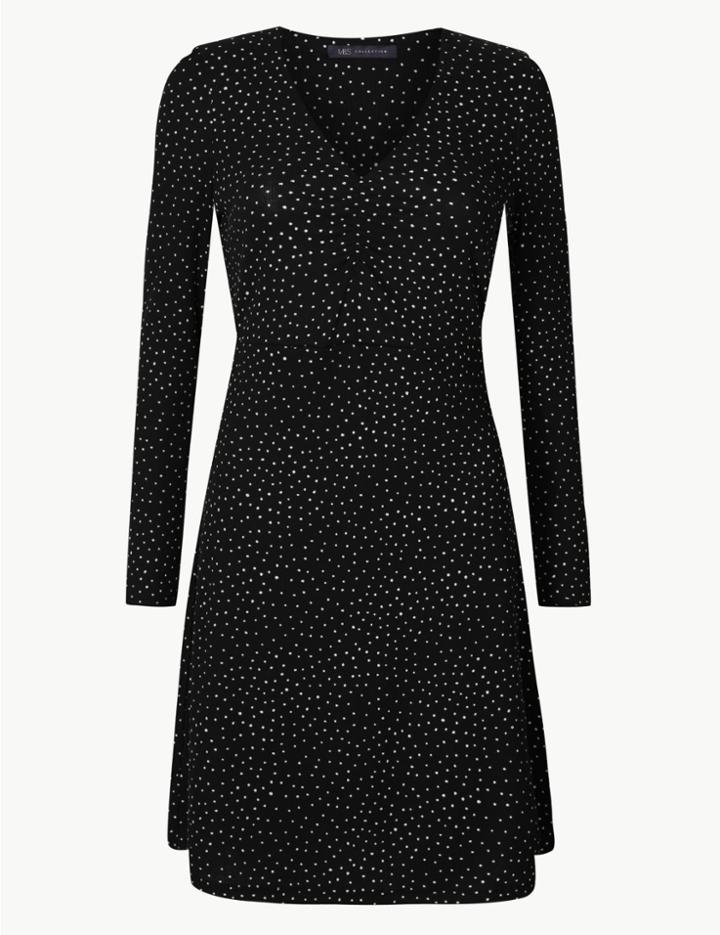 Marks & Spencer Polka Dot Long Sleeve Fit & Flare Dress Black Mix