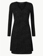 Marks & Spencer Polka Dot Long Sleeve Fit & Flare Dress Black Mix