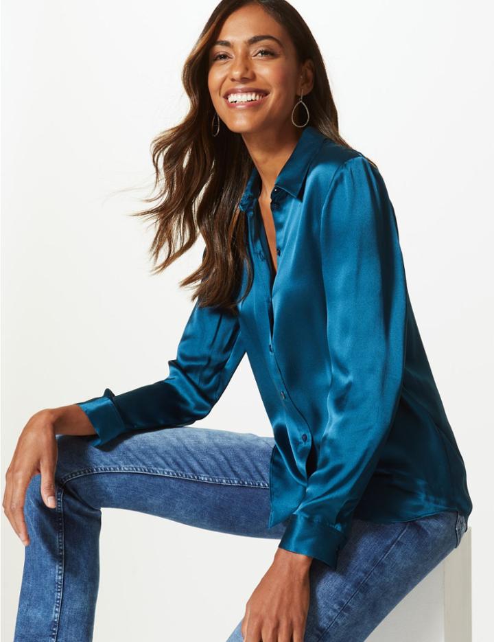 Marks & Spencer Pure Silk Long Sleeve Shirt Dark Marine