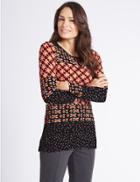 Marks & Spencer Border Print Round Neck Long Sleeve Tunic Red Mix
