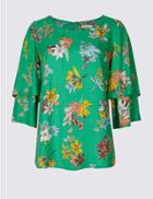 Marks & Spencer Floral Print Ruffle Sleeve Shell Top Green Mix