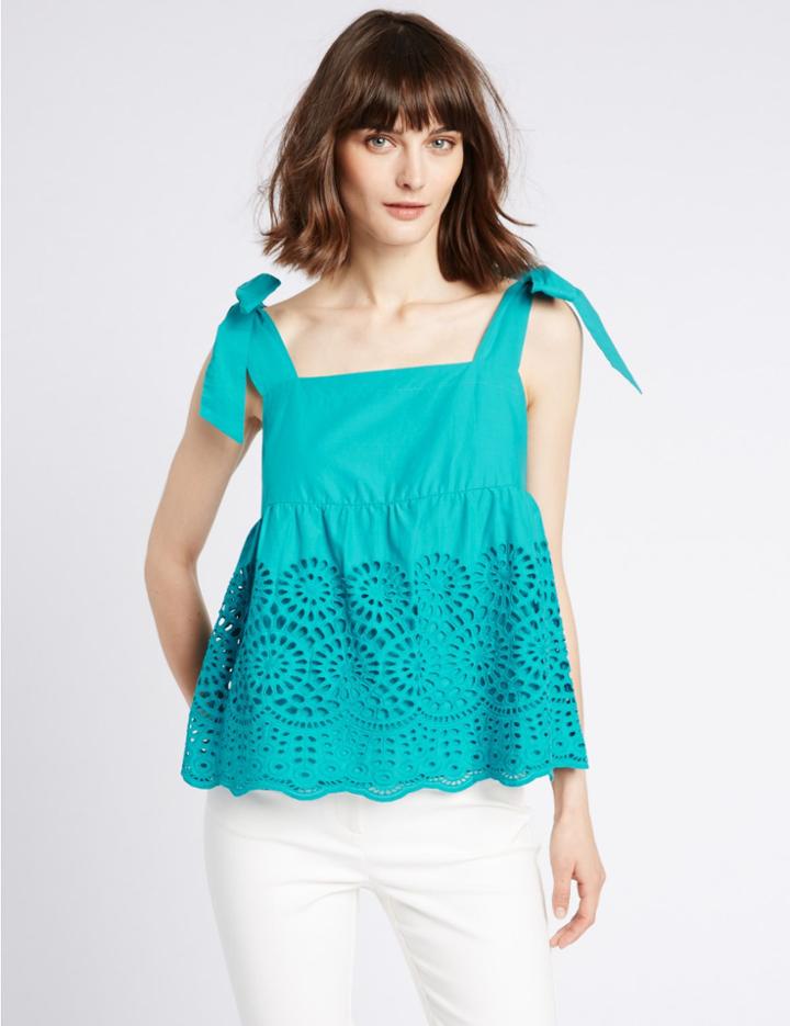 Marks & Spencer Pure Cotton Broderie Pinafore Shell Top Turquoise