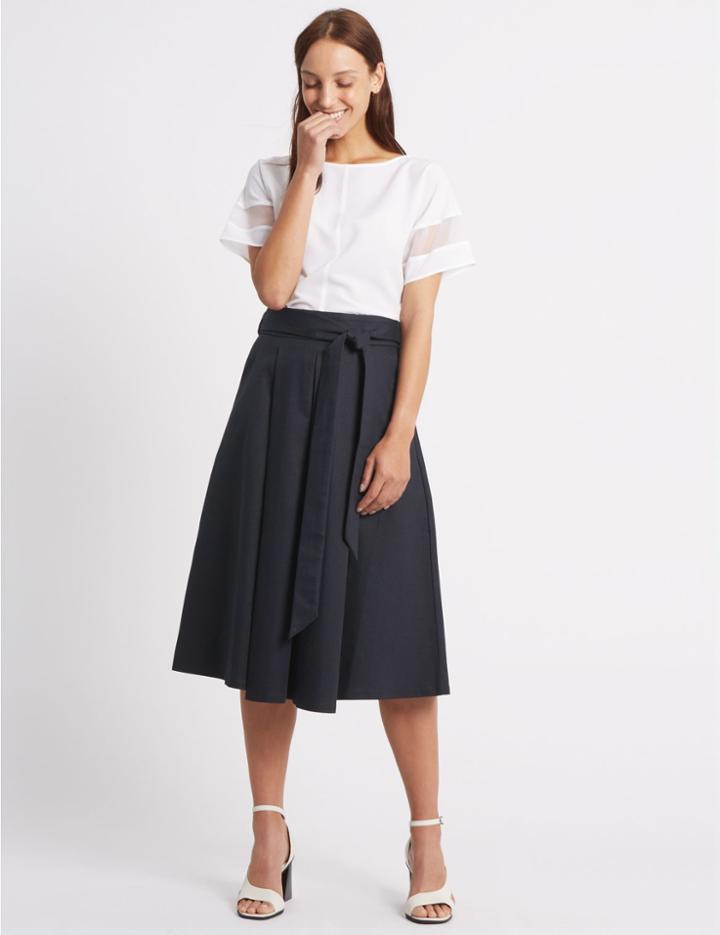 Marks & Spencer Cotton Rich Tie Detail A-line Midi Skirt Navy Mix