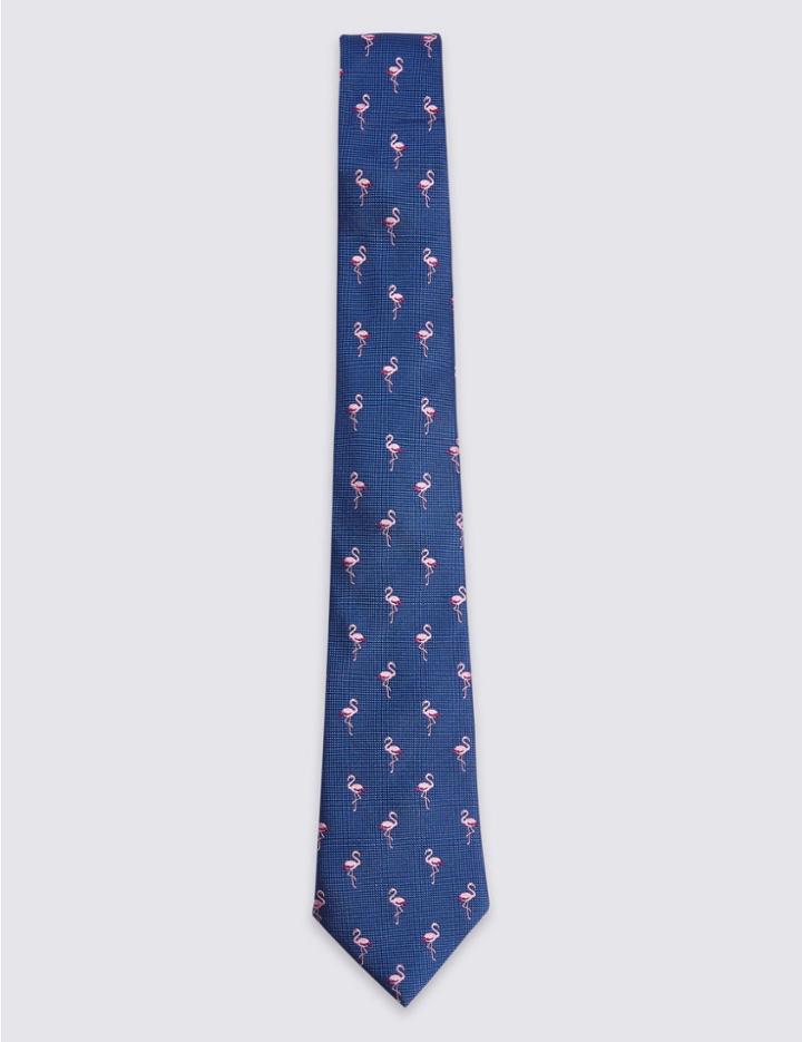 Marks & Spencer Pure Silk Flamingo Tie Cobalt
