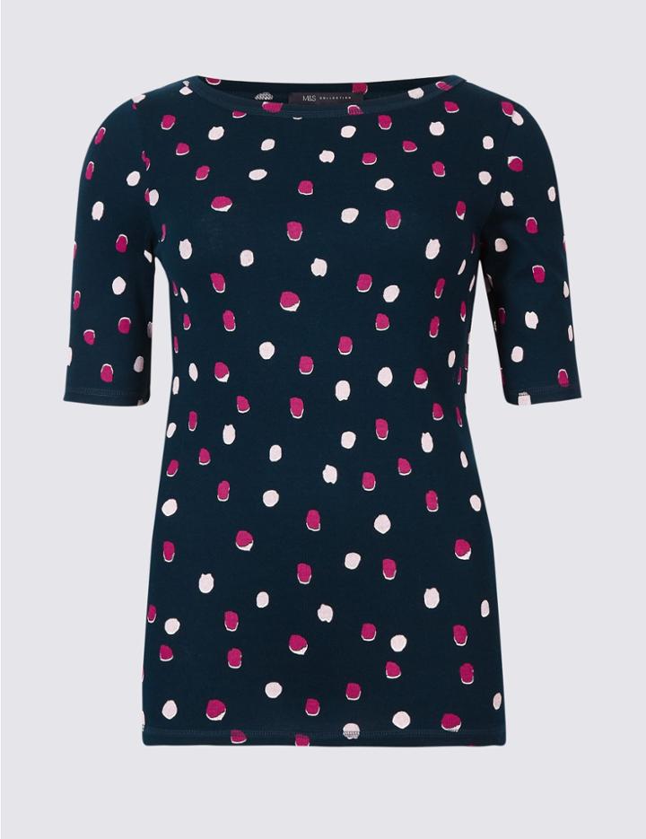 Marks & Spencer Pure Cotton Spotted Half Sleeve T-shirt Navy Mix