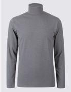 Marks & Spencer Cotton Rich Roll Neck Top Grey Marl