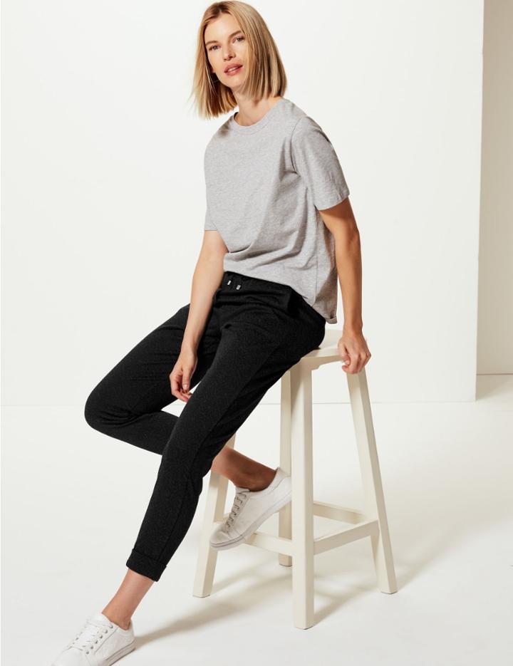 Marks & Spencer Chevron Textured Tapered Ankle Grazer Trousers Black Mix