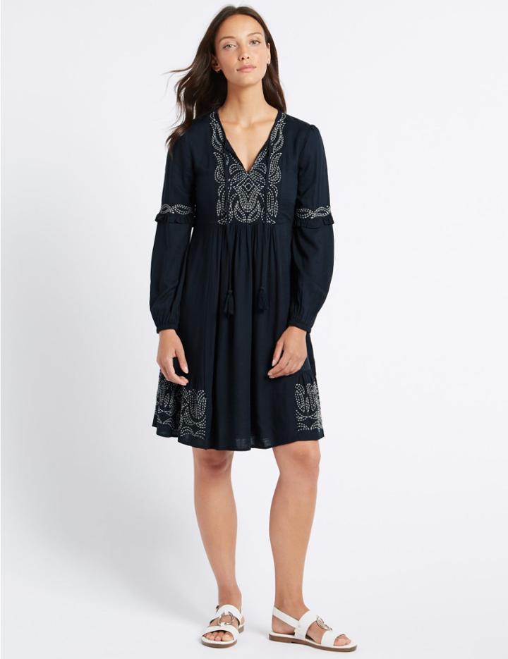Marks & Spencer Embroidered Long Sleeve Swing Dress Navy