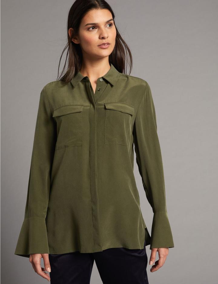 Marks & Spencer Pure Silk Button Through Long Sleeve Shirt Khaki