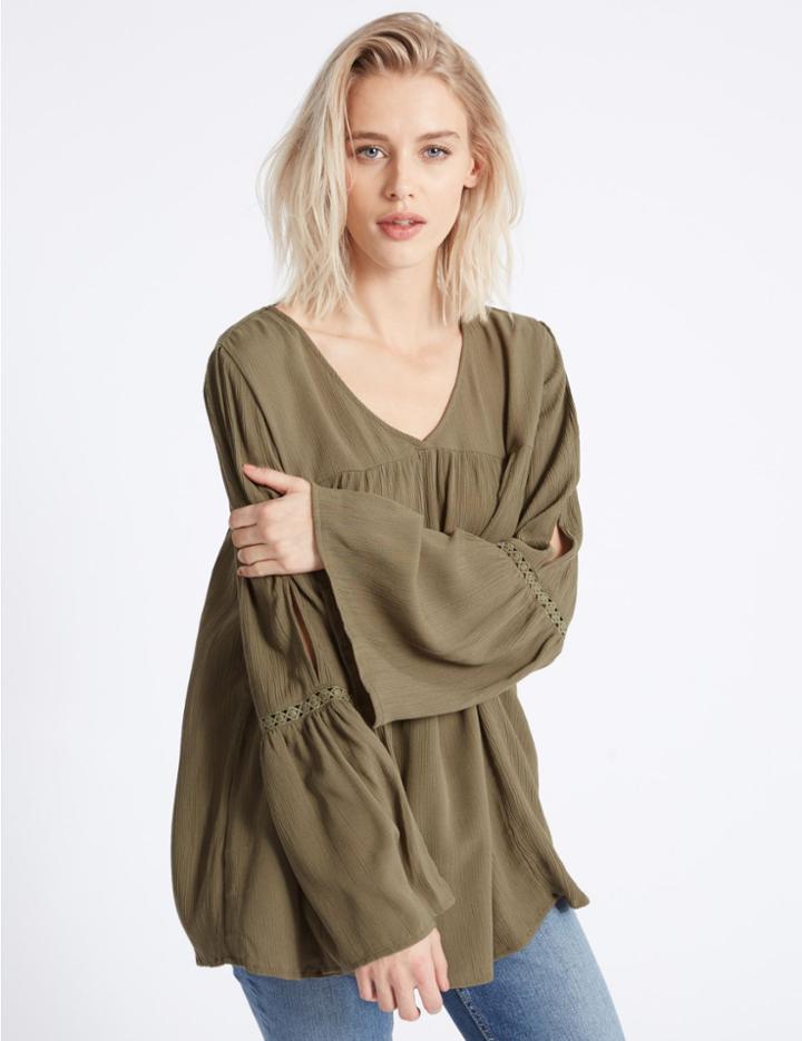 Marks & Spencer Crinkle Cold Shoulder V-neck Blouse Khaki