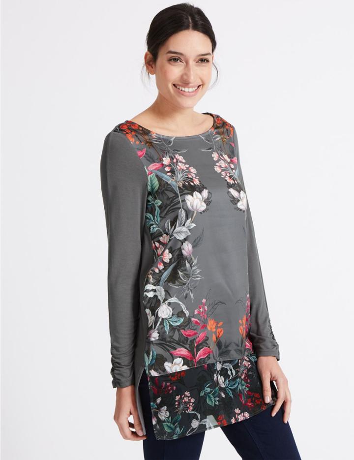 Marks & Spencer Floral Print Round Neck Long Sleeve Tunic Charcoal Mix