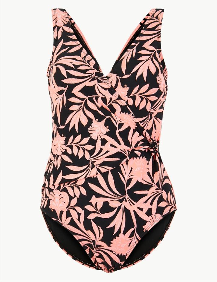 Marks & Spencer Secret Slimming&trade; Floral Print Wrap Swimsuit Coral Mix