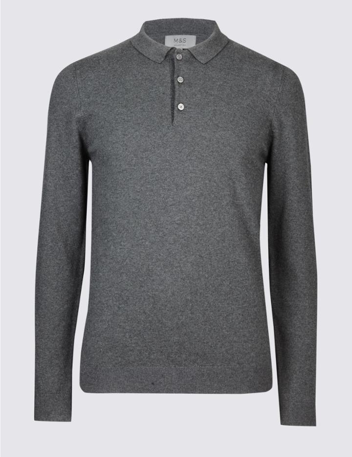 Marks & Spencer Cotton Rich Textured Polo Shirt Light Grey