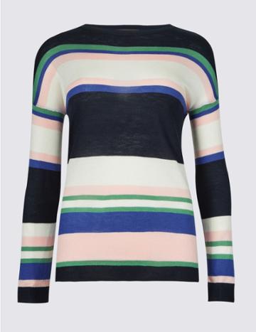 Marks & Spencer Striped Round Neck Jumper Black Mix