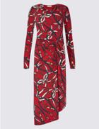 Marks & Spencer Chain Print Knot Front Bodycon Midi Dress Burgundy Mix